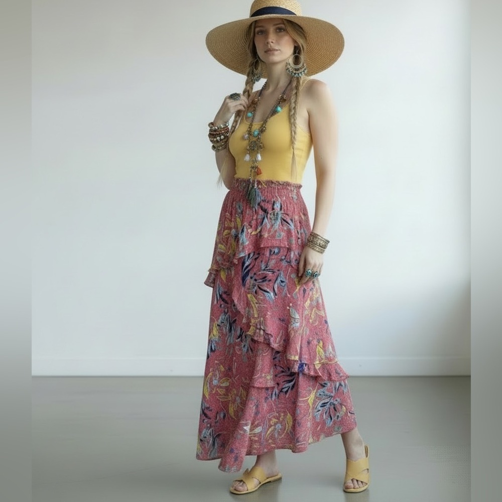 Tanya Taylor Teresa Silk Ruffle Asymmetrical whimsical Maxi Skirt Size 2